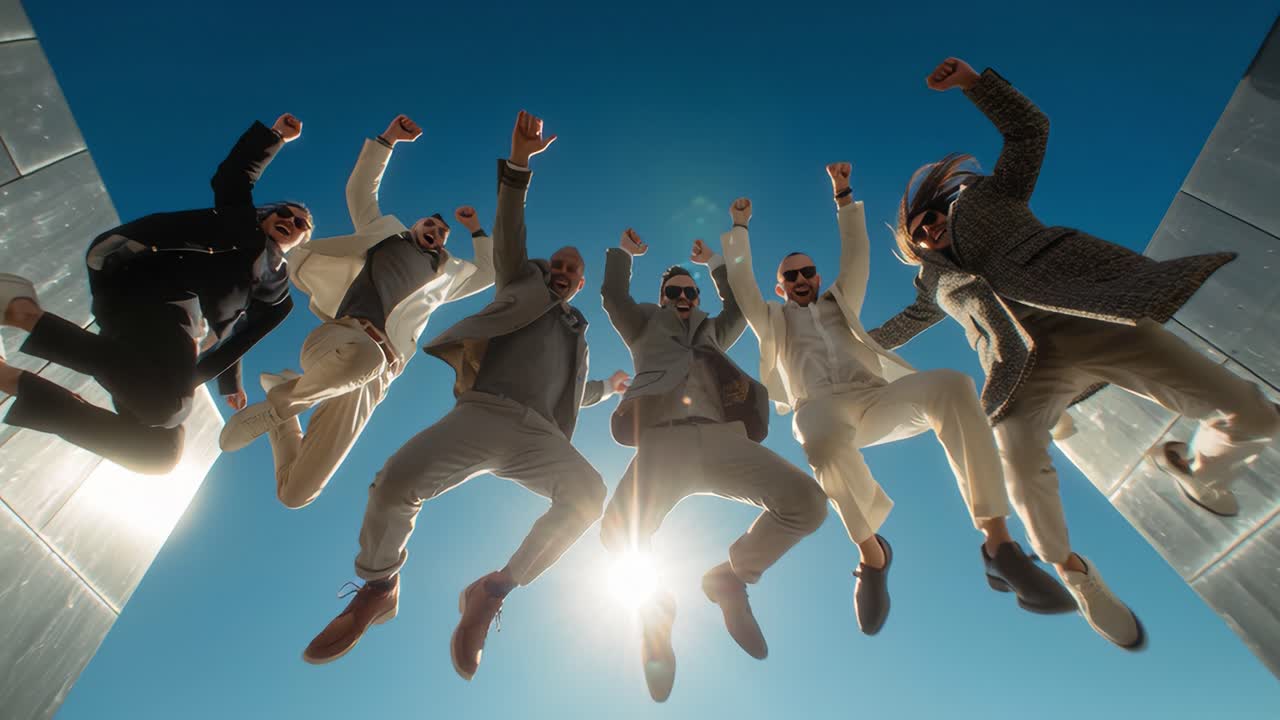 A group of jubilant individuals joyfully leaping into the air against a vibrant blue sky, showcasing exuberance and celebration, captured in dynamic and creative fashion