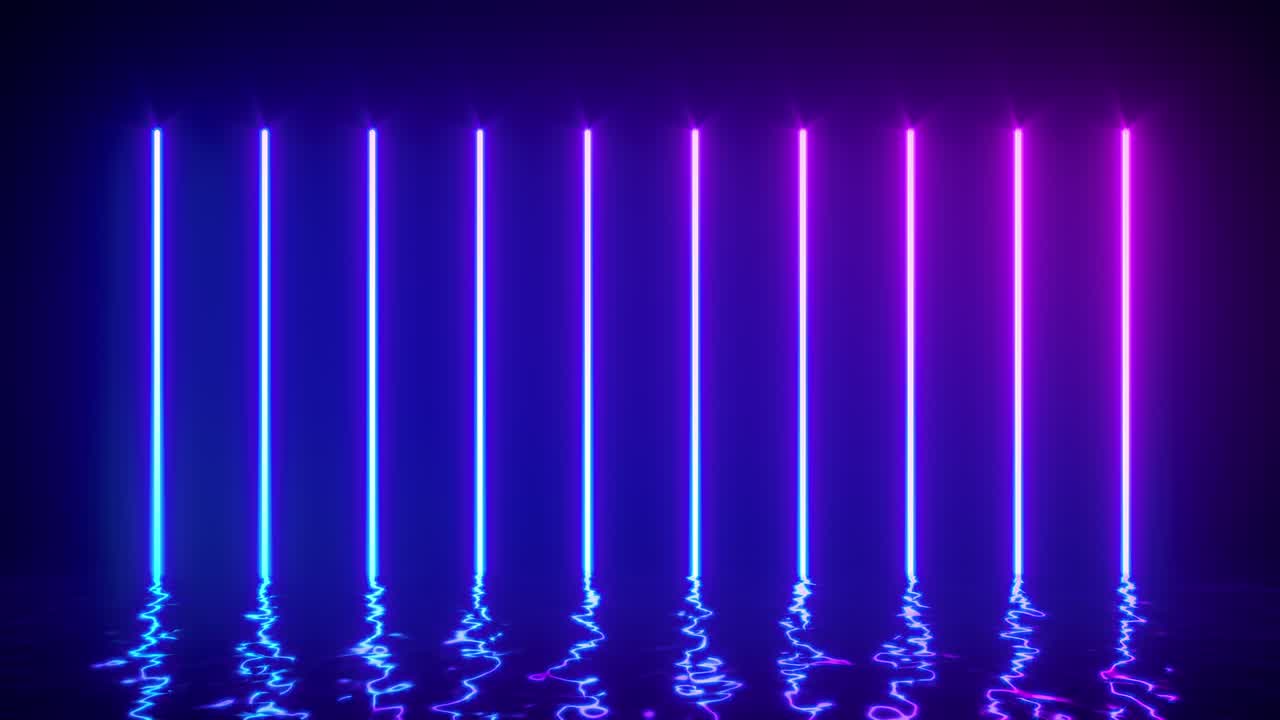 líneas de neón brillantes con reflejos en la superficie del agua. fondo abstracto, ondas, ultravioleta, espectro de colores vibrantes, espectáculo de láser. ilustración de renderizado 3d. video 4k