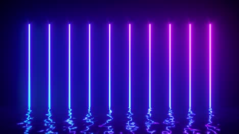 líneas de neón brillantes con reflejos en la superficie del agua. fondo abstracto, ondas, ultravioleta, espectro de colores vibrantes, espectáculo de láser. ilustración de renderizado 3d. video 4k