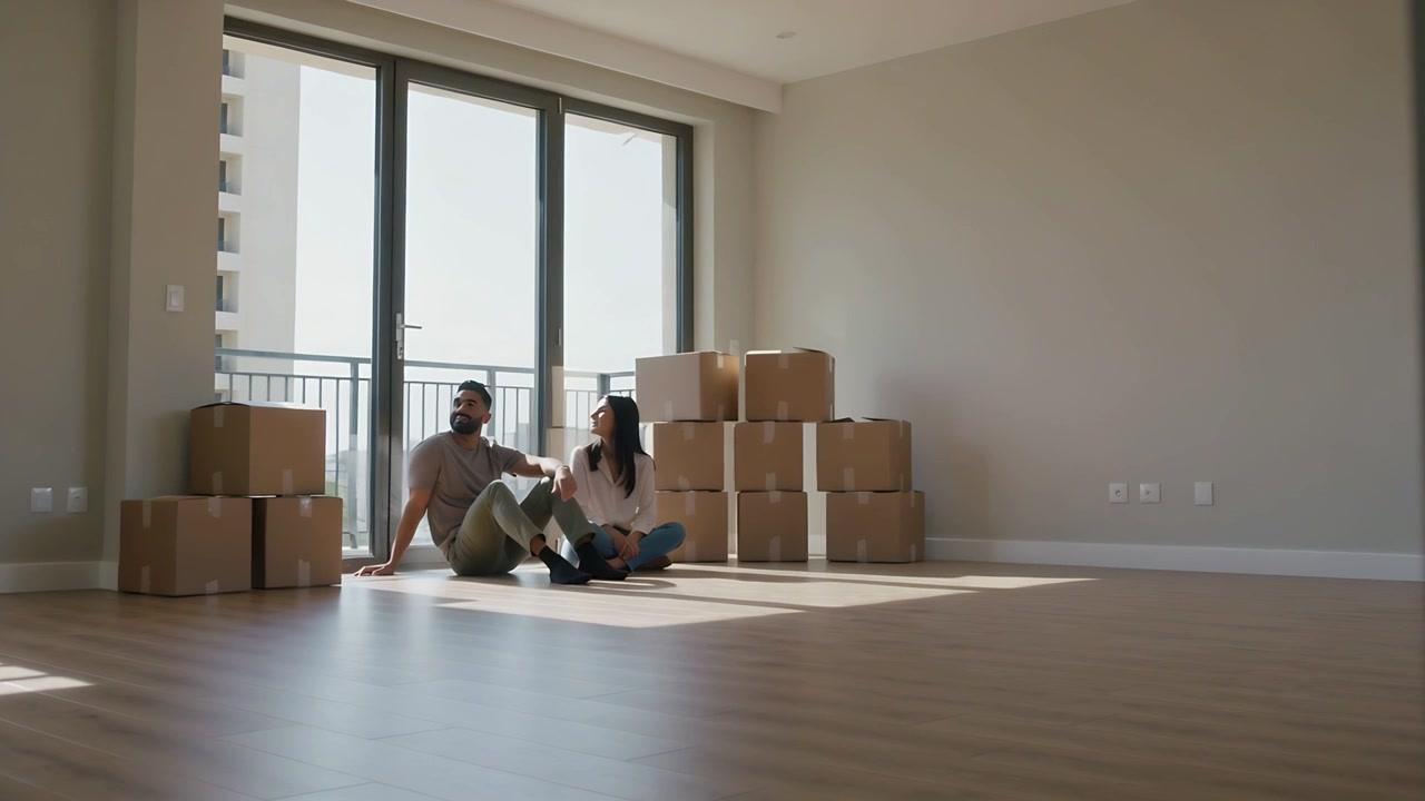 Sitting among moving boxes, man in shirt, woman in jeans surveying apartment balcony, planning move