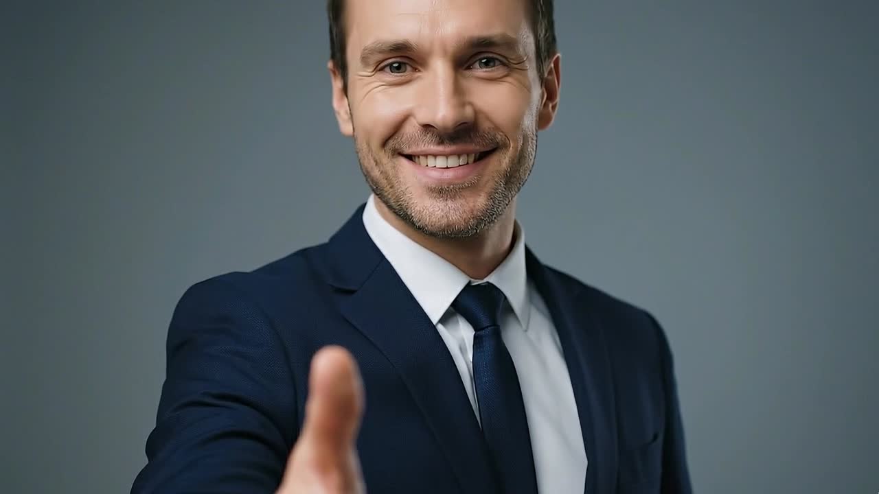 Primo piano di un uomo d'affari che porge la mano invitando a una stretta di mano in un ritratto aziendale su sfondo neutro