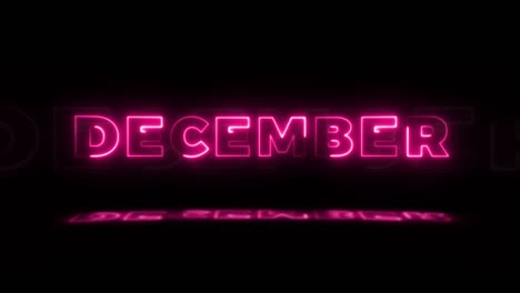 word 'december' neon glowing on a black background with reflections on a floor. neon glow signs in seamless loop motion graphic