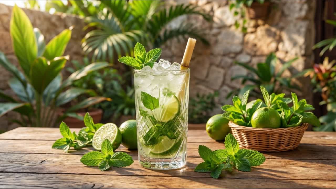 Kylmä mojito-juoma murskatun jään, mintunlehtien ja limelohkojen kera on asetettuna puupinnalle trooppisten kasvien taustalla.