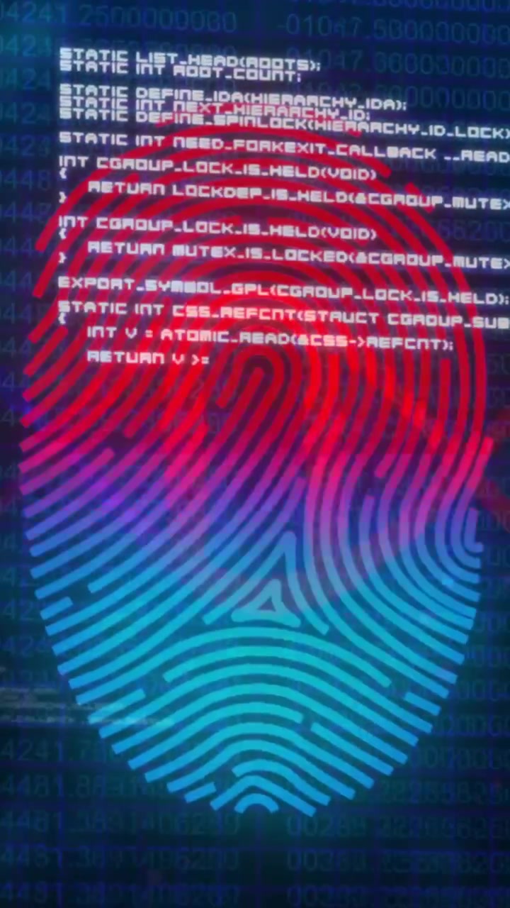 Vertical video: Code fading in initiating fingerprint pulsing, running biometric auth over data