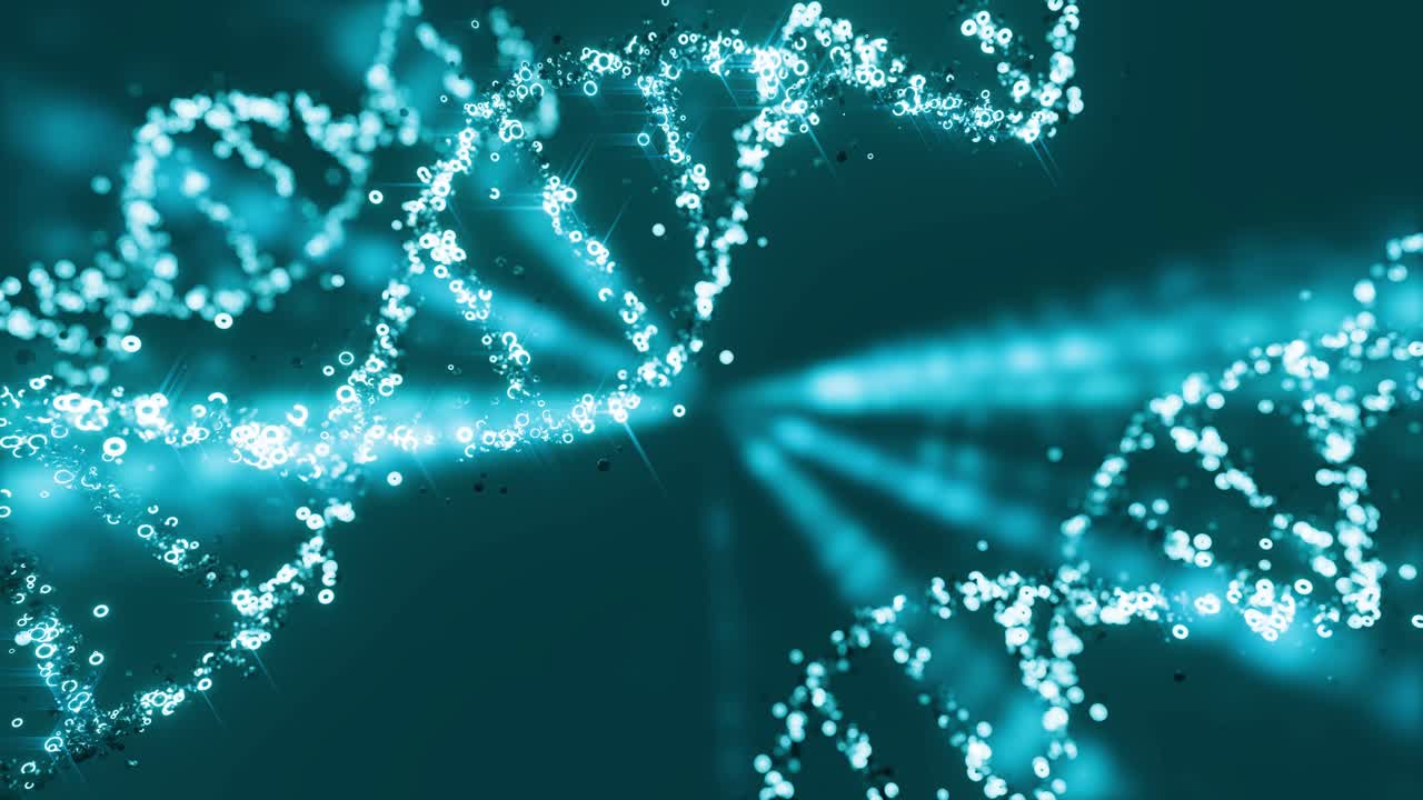 Neon glowing color DNA floating from gene against dark background, 3d animation zoom in