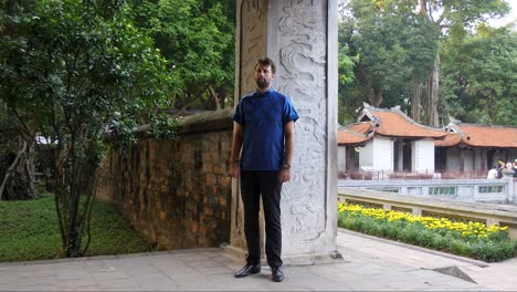 adult foreign male wearing chinese traditional clothing for photoshoot