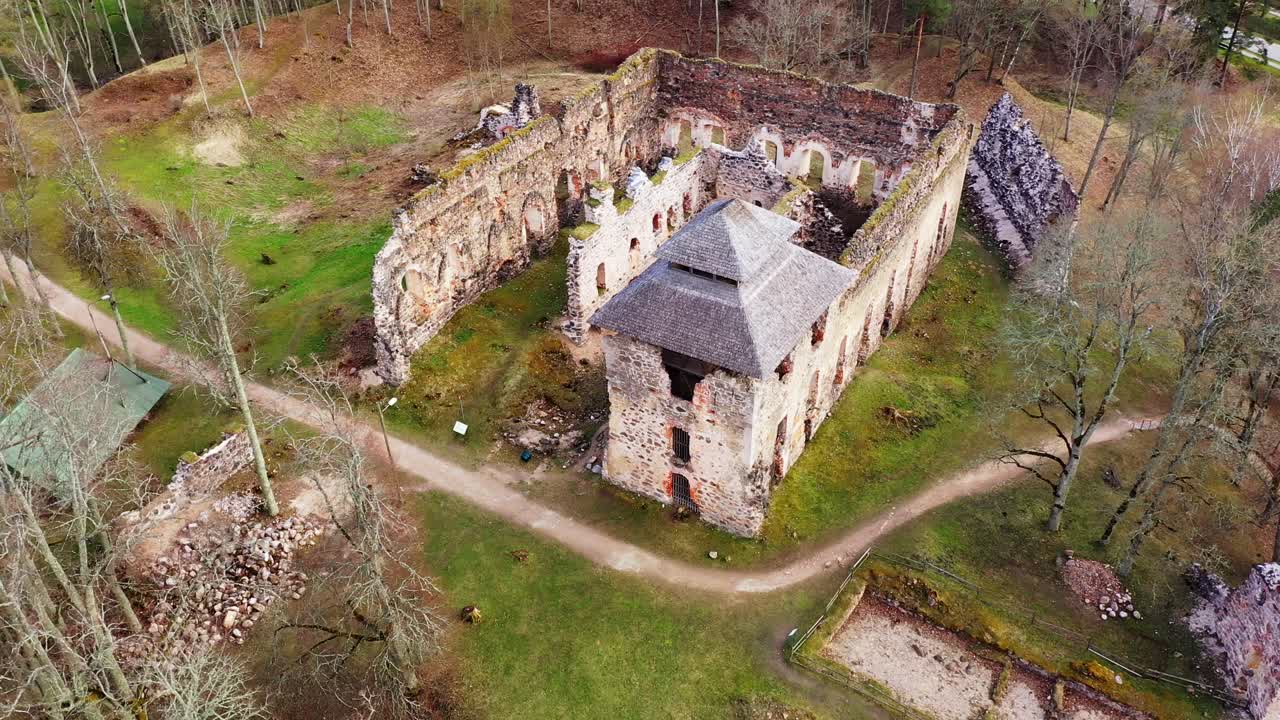 Aerial View Of Rauna Castle Ruins In Rauna, Latvia