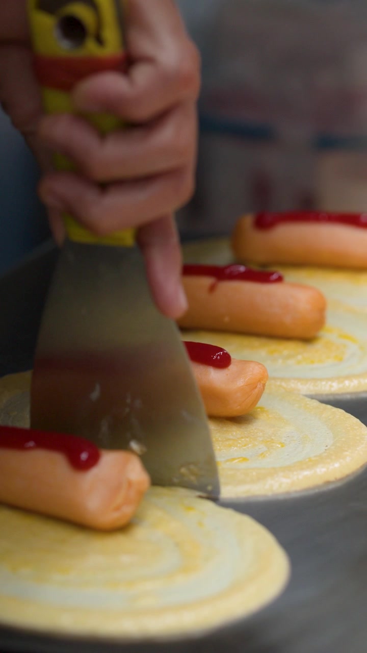 Primo piano di un venditore che usa una spatola per cucinare pancake salati con salsicce e ketchup