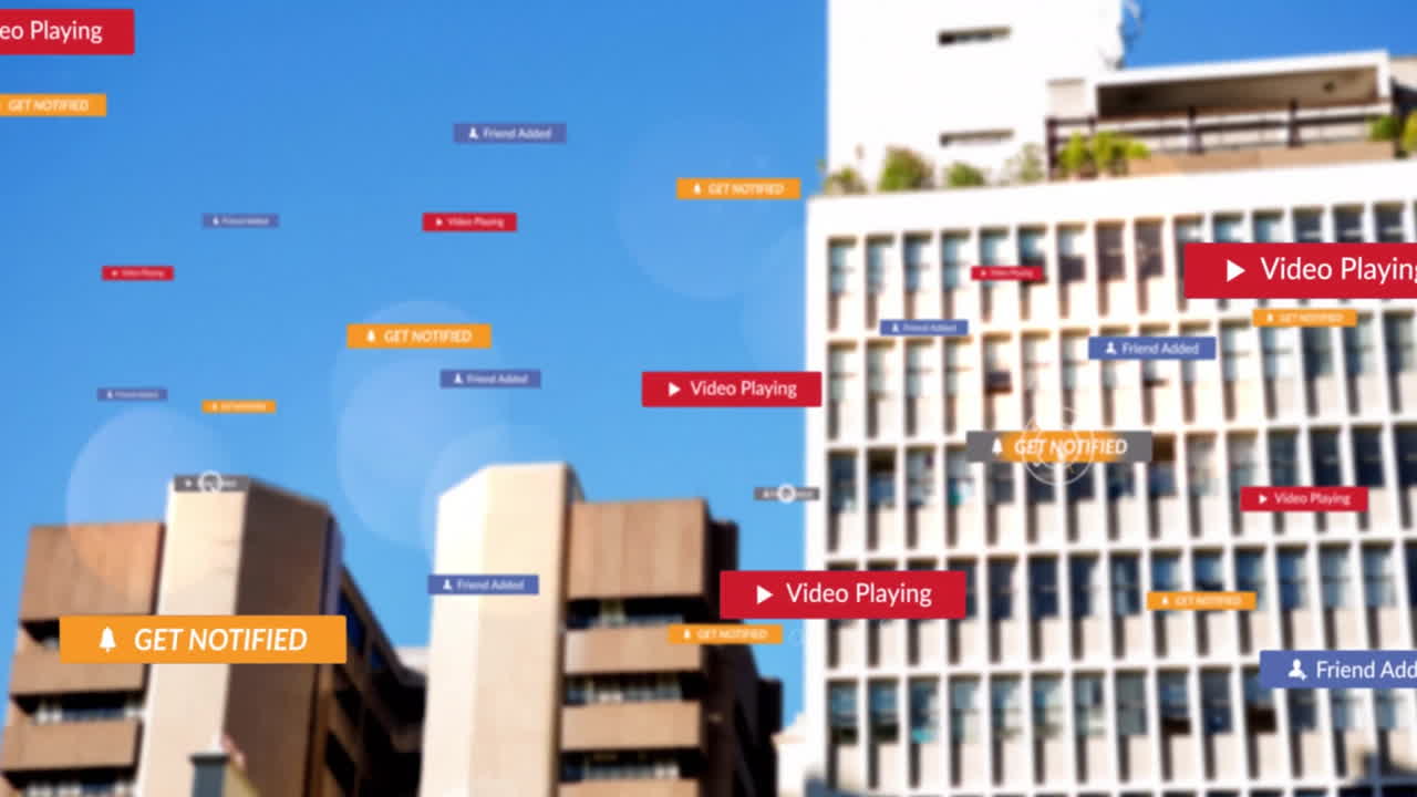 Social media notifications and video playing animation over city buildings