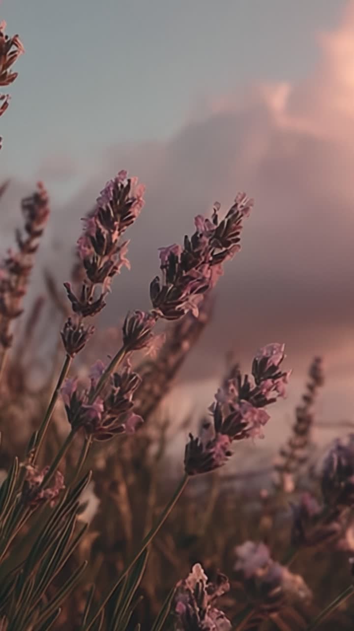 Un sereno tramonto sui campi di lavanda, che mette in mostra la delicata bellezza della lavanda in fiore su un cielo tenue e colorato