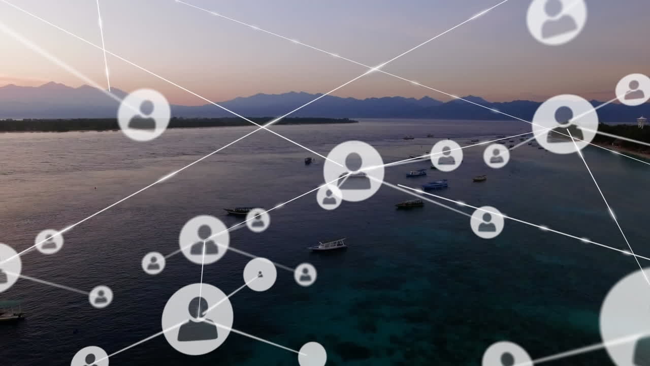 풍경 위의 아이콘으로 연결된 네트워크의 애니메이션