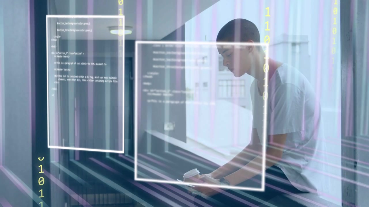 Male student tapping smartphone and reviewing code, initiating faint UI and binary streams layering