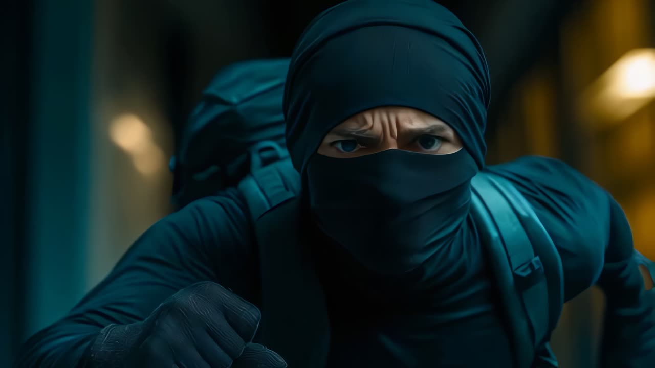 Hooded thief dressed in black running away.