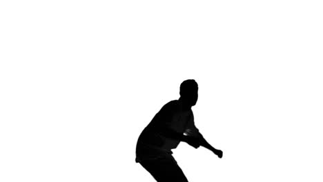 silhouette of a man jumping and raising arms on white background