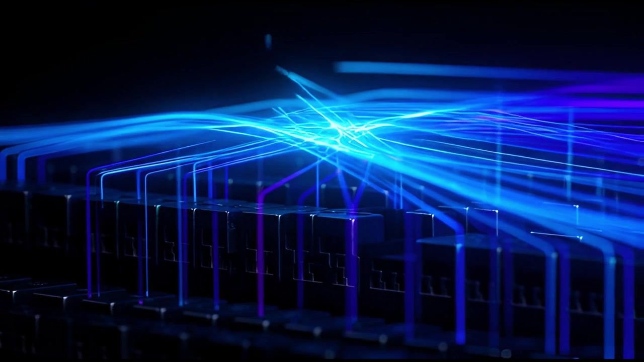 Abstract Digital Network Connections Flowing Over Dark Metallic Blocks