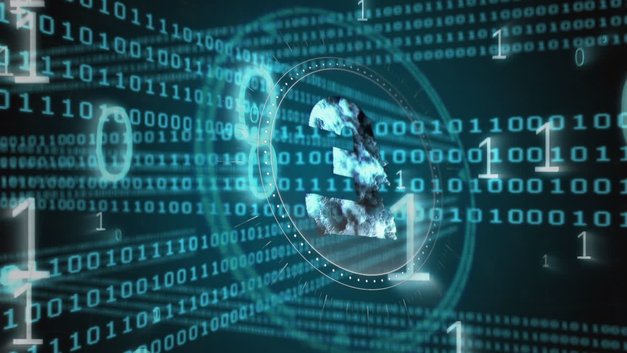 animación del procesamiento de datos y el símbolo de la libra sobre fondo negro