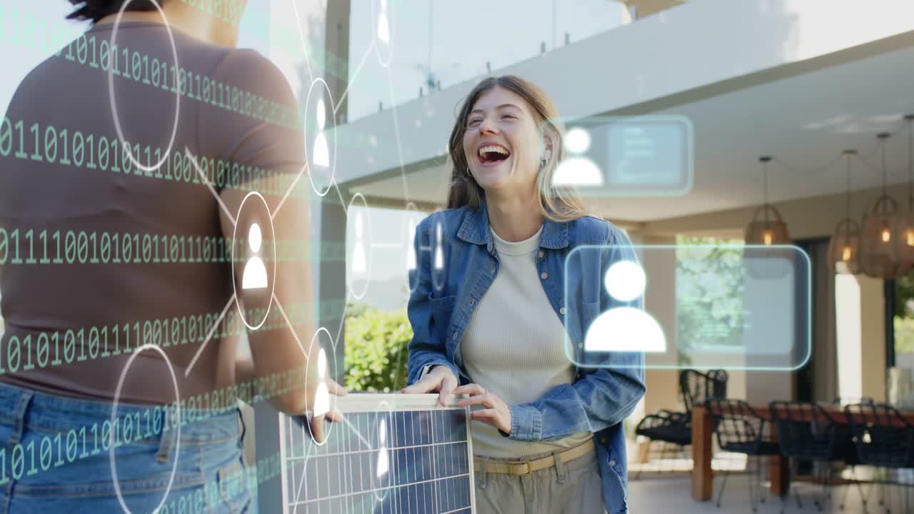 Patio owner holding solar panel, tech leaning, HUD overlays appearing showing profiles near right