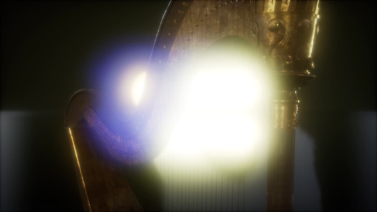 instrumento de arpa en la oscuridad con luces brillantes