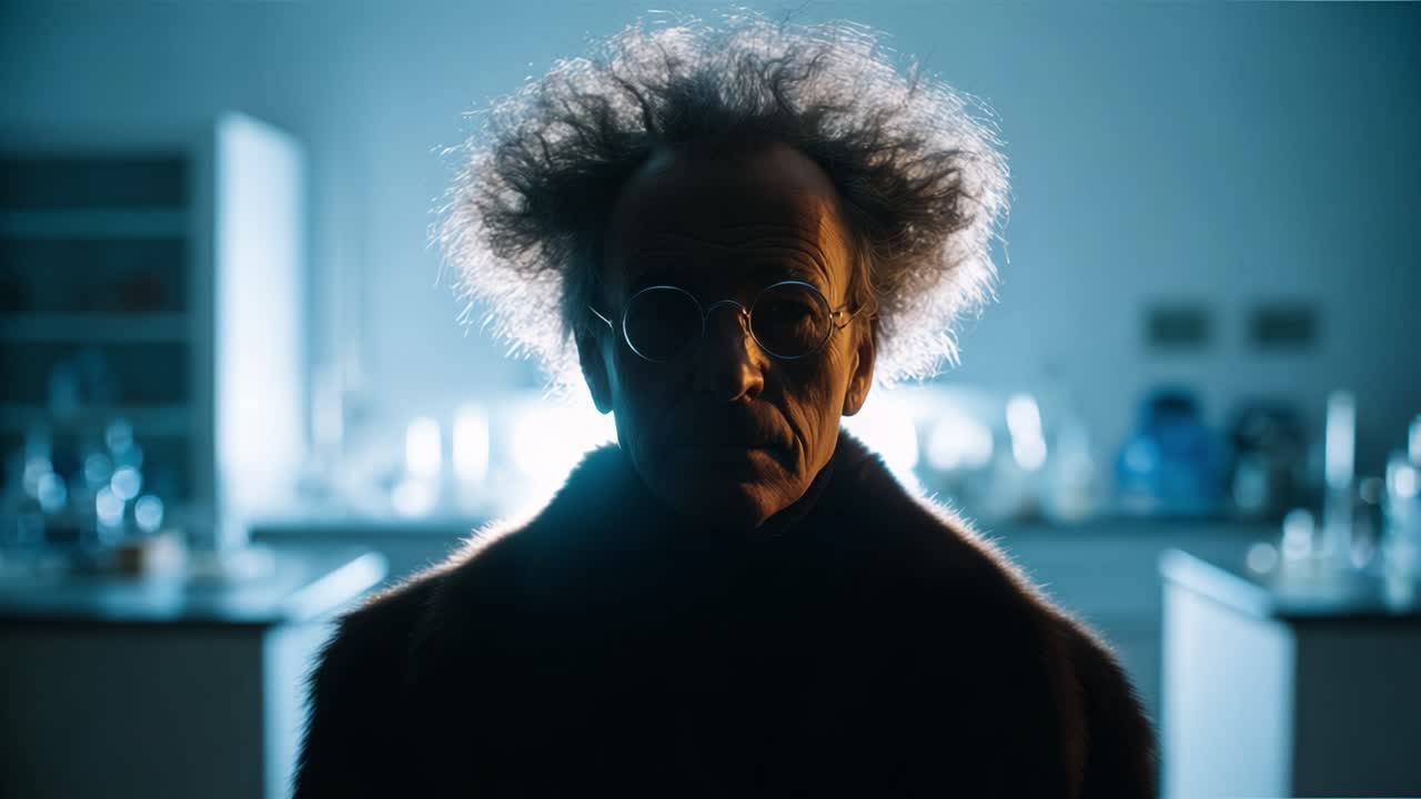 Uma figura misteriosa, com cabelo selvagem e óculos, está em um laboratório mal iluminado, criando uma atmosfera de intriga e curiosidade nesta cena cativante.