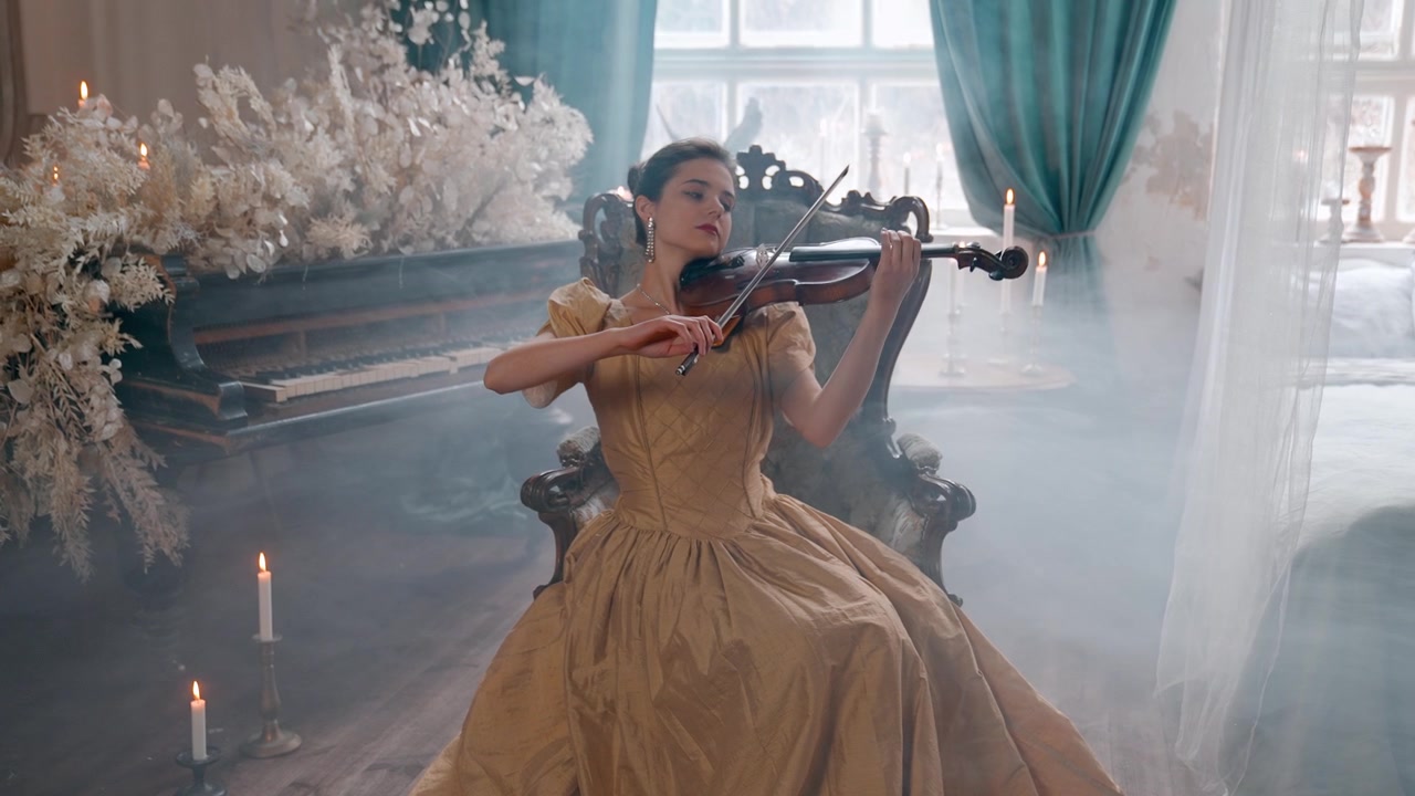 Elegant Woman in Gold Dress Playing Violin in a Vintage Room