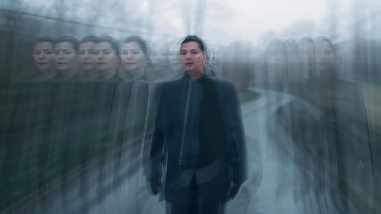 Stepping, Asian man wearing long coat walking winding path, turning, pausing, surveying bare trees