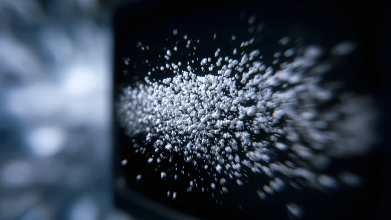 Movimento dinamico delle particelle: osservazione della transizione da flusso statico a attivo in una rappresentazione visiva della dispersione delle particelle su uno sfondo scuro.