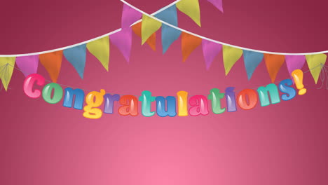 animation of congratulations text in colourful letters with bunting on pink background