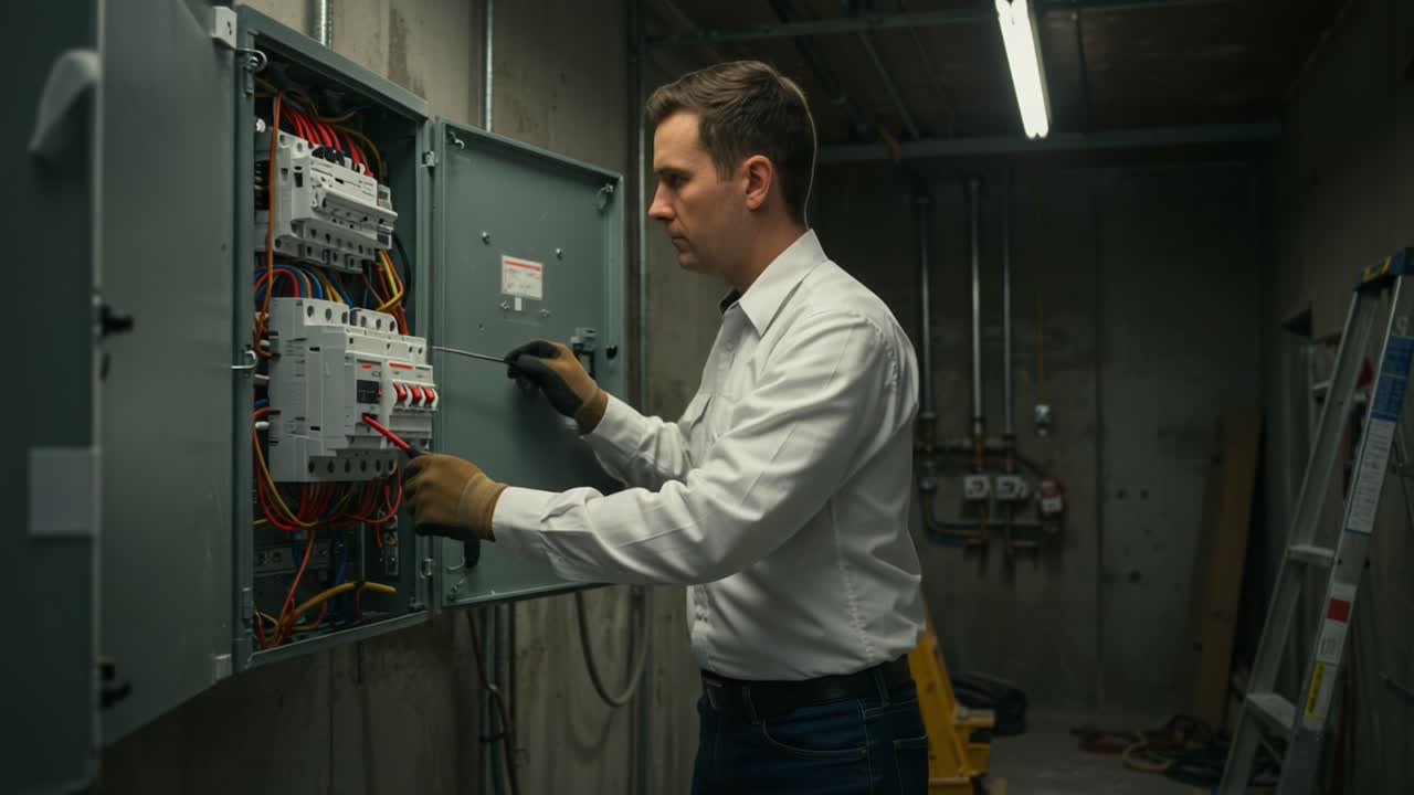 An Electrician Working Diligently on Wiring and Circuitry in an Industrial Setting, Ensuring Safe and Efficient Electrical Systems During Installation and Maintenance