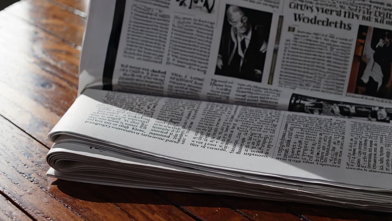 Close-up angle of a folded newspaper on a wooden table, capturing morning light
