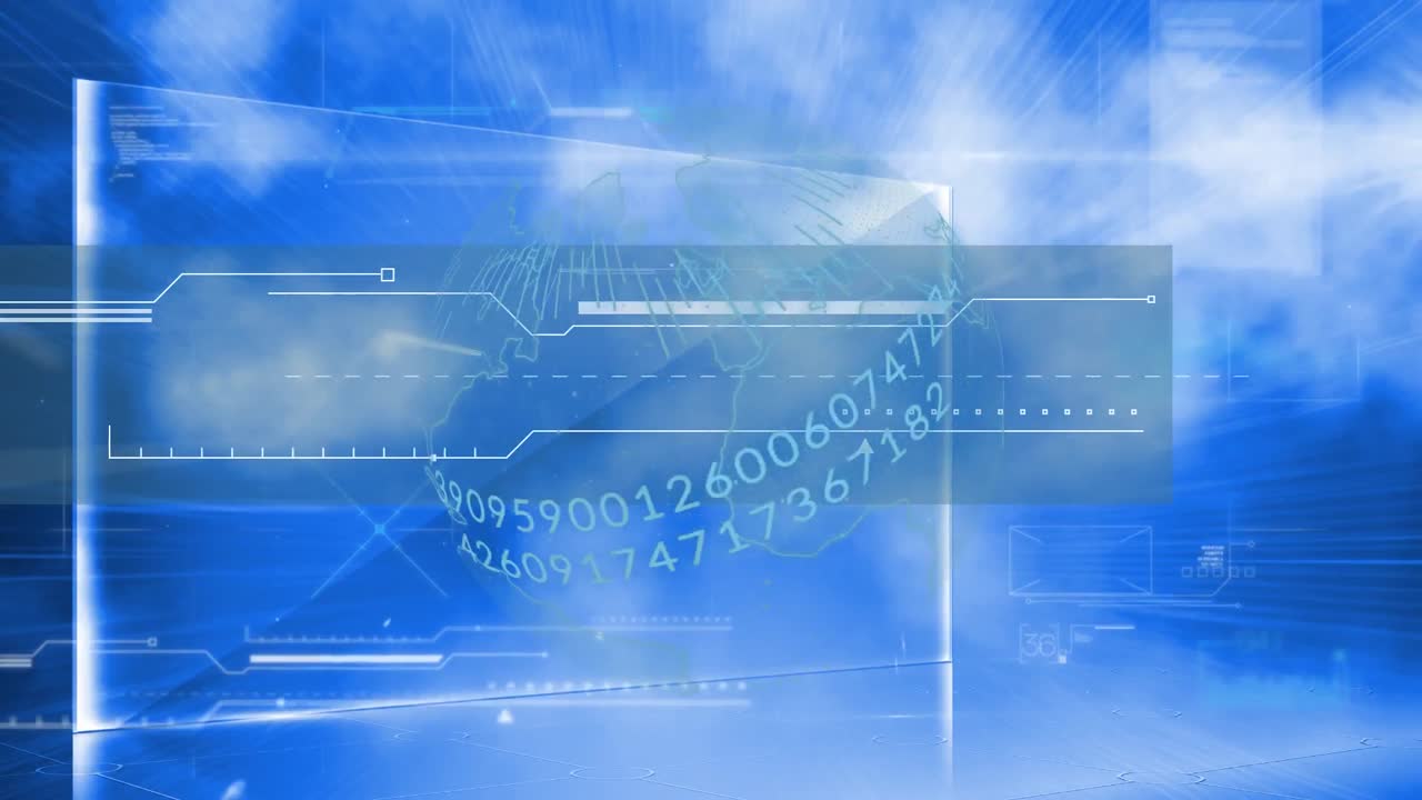 파란색 배경에 대한 회전하는 지구상에서 데이터 처리를 하는 디지털 인터페이스