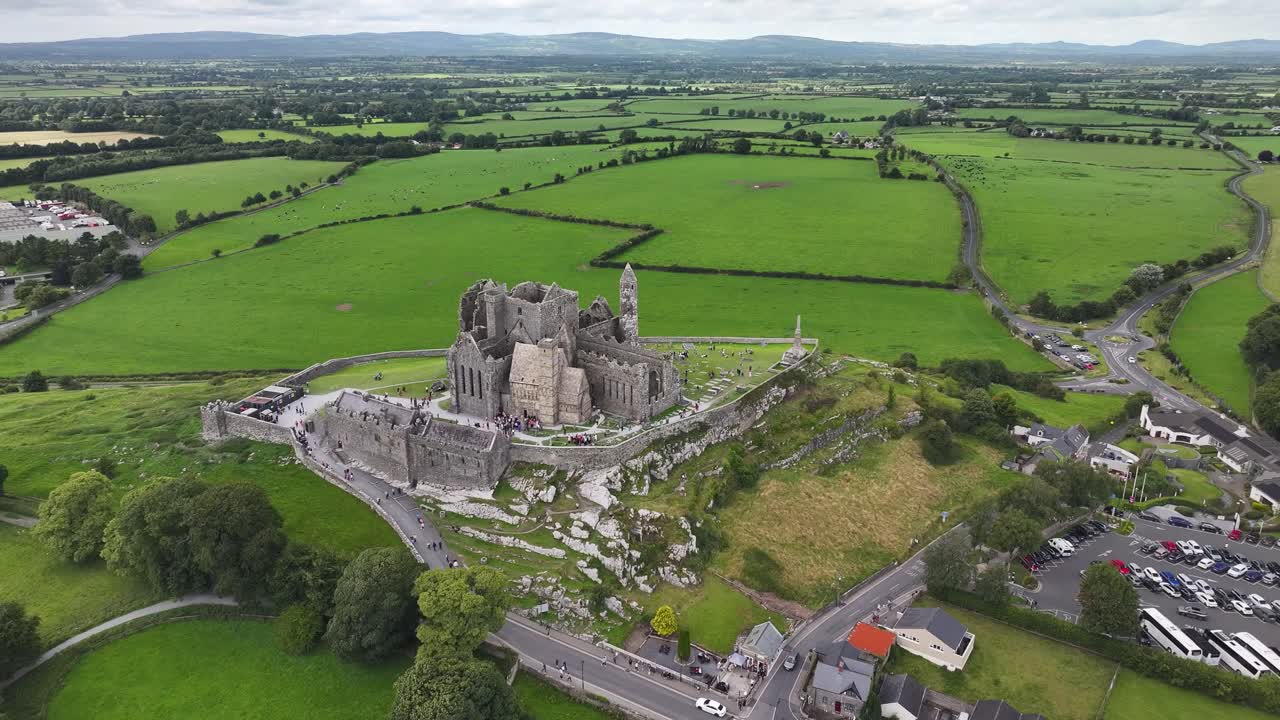 Rock of Cashel Castle ancient building on rocky hill. Aerial of historical site, Ireland