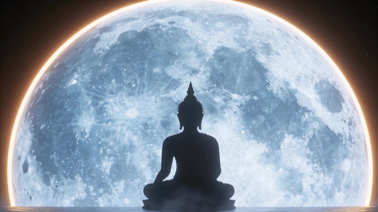 Avvicinando la telecamera a una statua di Buddha di notte, con un alone lunare che brilla per rivelare dettagli lunari.