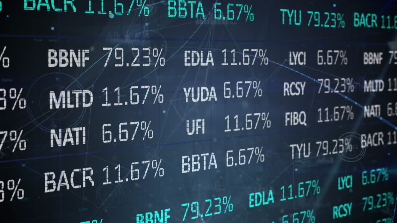 Animation of trading board over lens flares and graph icons against abstract background