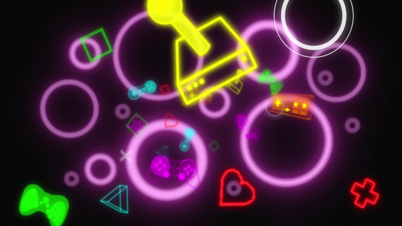 animación de iconos de medios sobre círculos rosados y fondo negro.