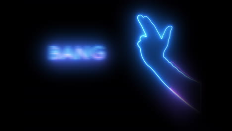 la mano de color azul con luz de neón dispara tres veces con la palabra bang.