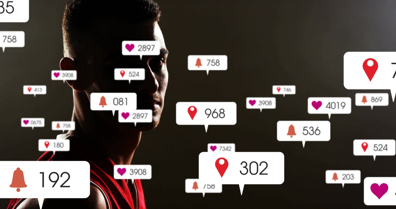 Basketball player leaning showing social media icons dribbling, dunking boosting engagement