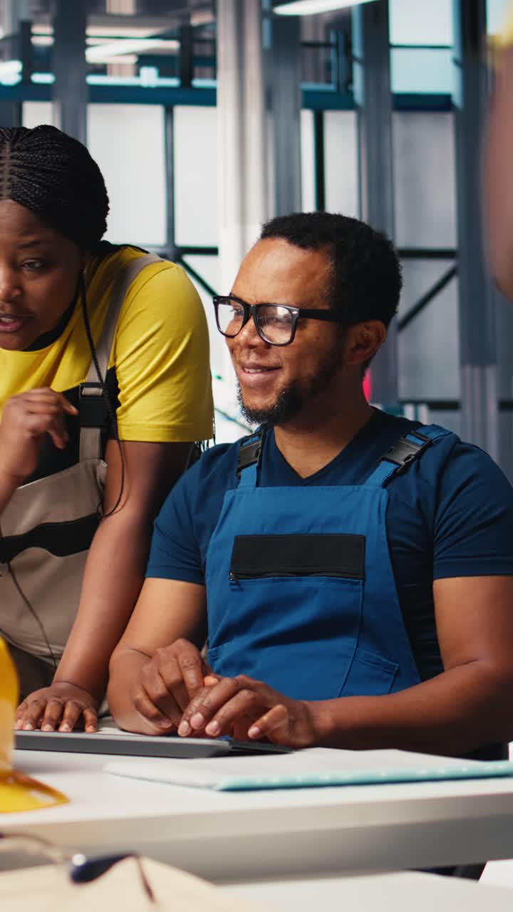 Vertical Video Technicians in photovoltaics factory reviewing solar panels assembly lines