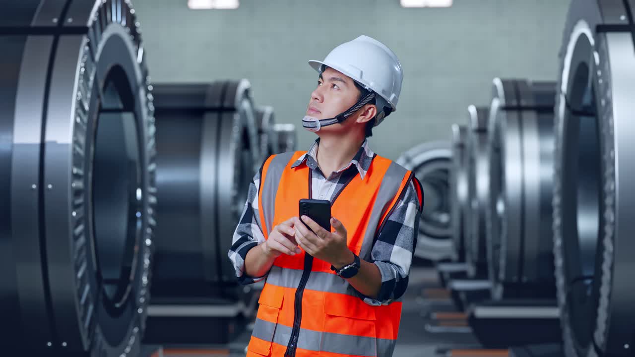 安全ヘルメットをかぶったアジア人男性エンジニアがスマートフォンを使い金属工場に立っている間周りを見回しています