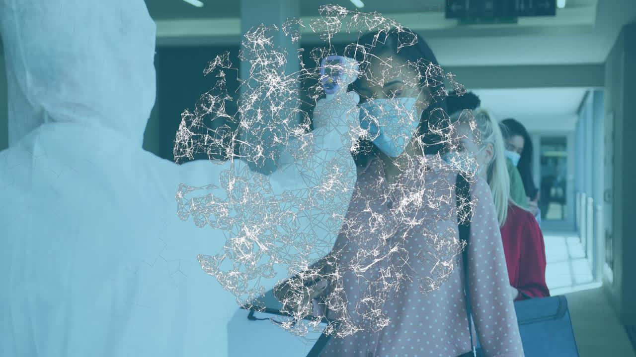 Animation of covid-19 cell with colleagues in office having temperature checked wearing face masks