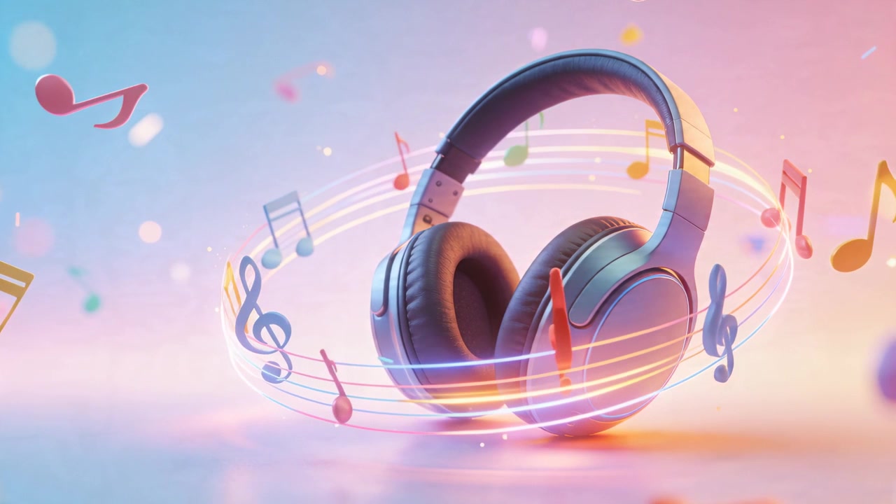 動畫耳機顯示音符出現，音符盤旋於五線譜環，背景為柔和色調。