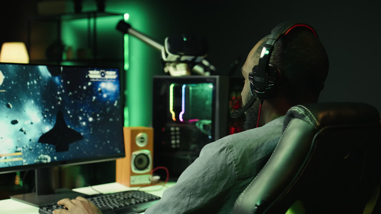 Media star using headset mic to chat with viewers, filming gaming tutorial