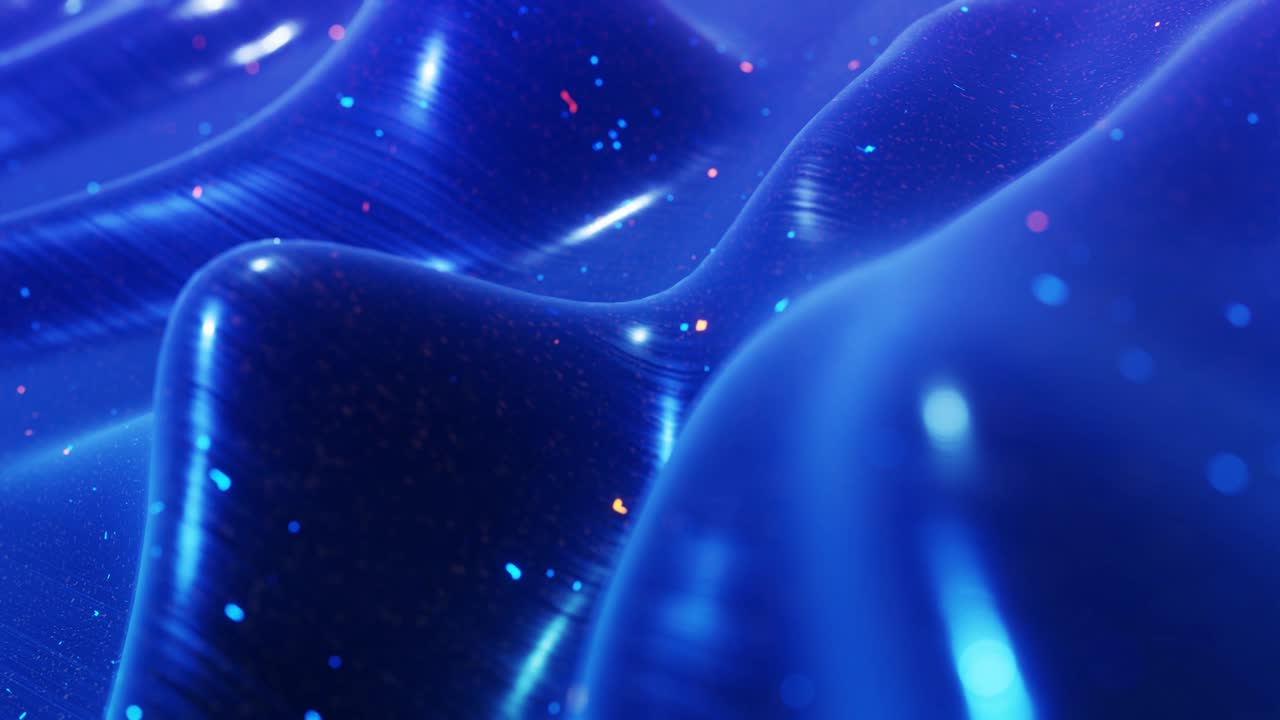 fantastical festive blue bg. Stylish abstract looped background, waves move on glossy surface like landscape made of liquid blue wax with sparkles. Beautiful soft background with smooth animation 4k