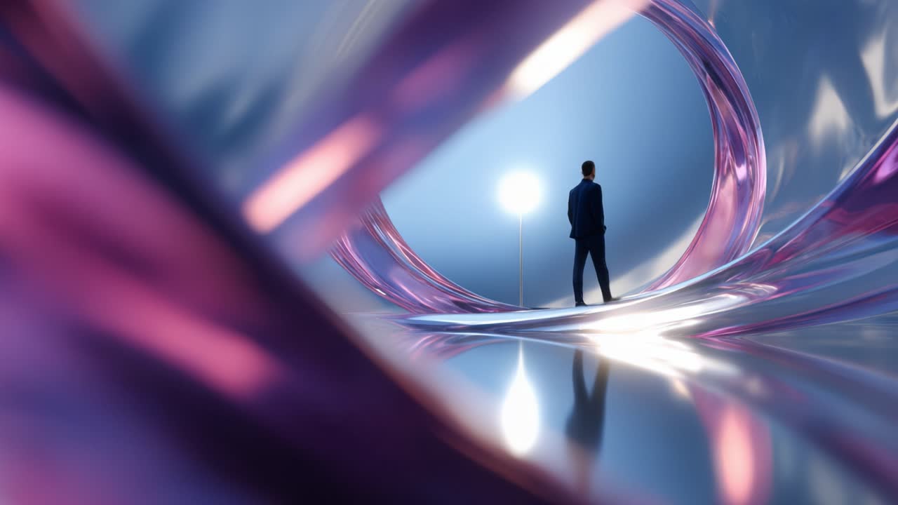 A solitary figure stands within a captivating abstract tunnel, illuminated by soft light, evoking contemplation and exploration in a surreal, artistic environment