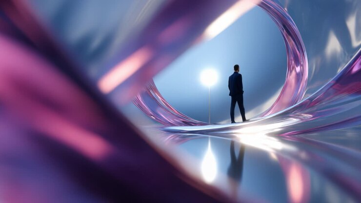 A solitary figure stands within a captivating abstract tunnel, illuminated by soft light, evoking contemplation and exploration in a surreal, artistic environment