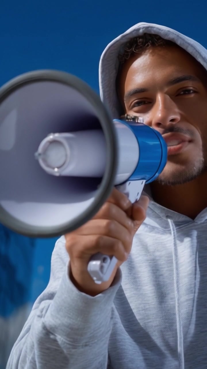 Un giovane con una felpa con cappuccio usa con sicurezza un megafono, trasmettendo un messaggio potente con entusiasmo e determinazione su uno sfondo blu brillante.