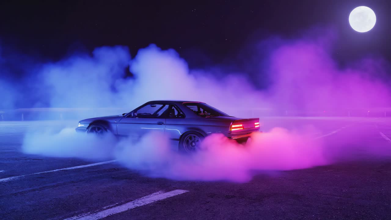 Car Drifting at Night Under the Moonlight