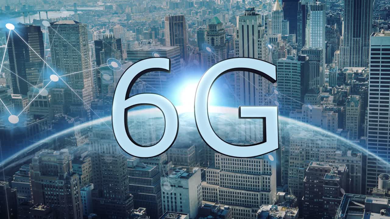 animazione di testo 6g, paesaggio urbano e globo