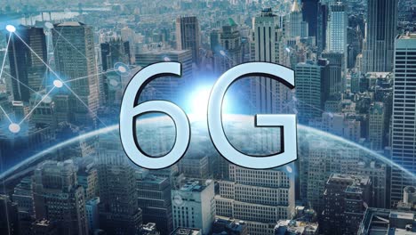animation of 6g text, cityscape and globe