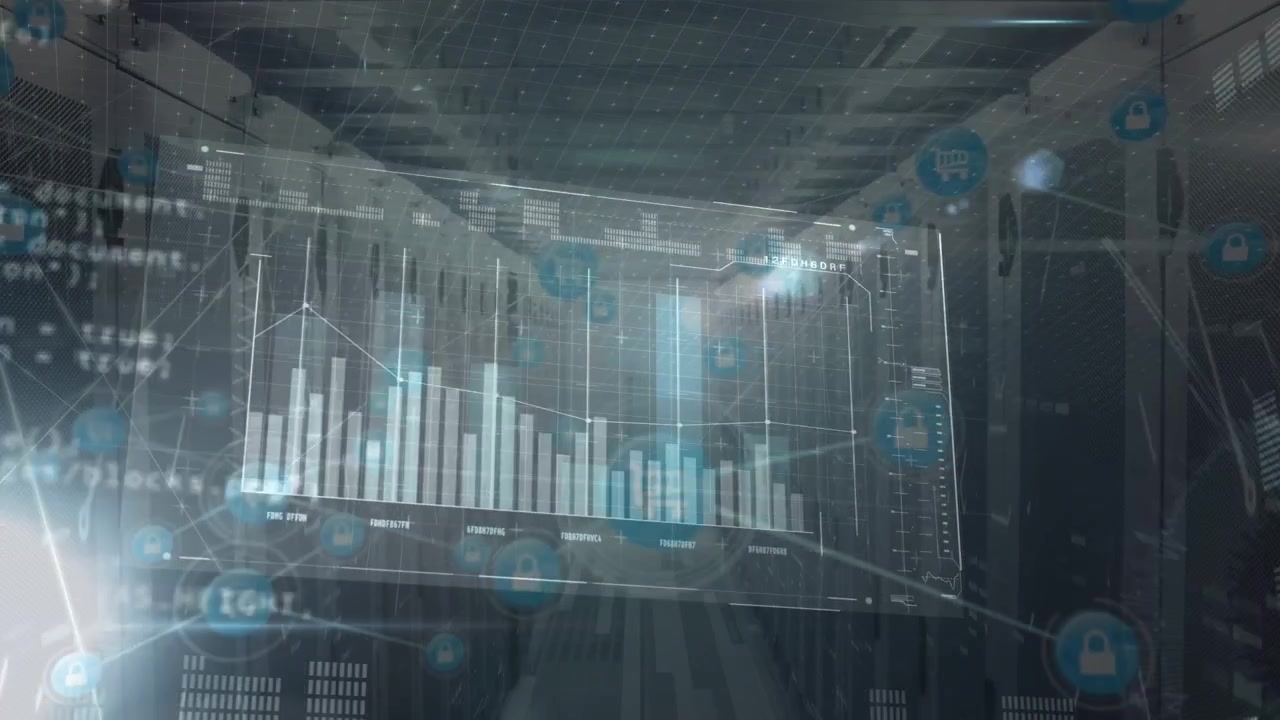 Animation of data processing and digital screens over servers