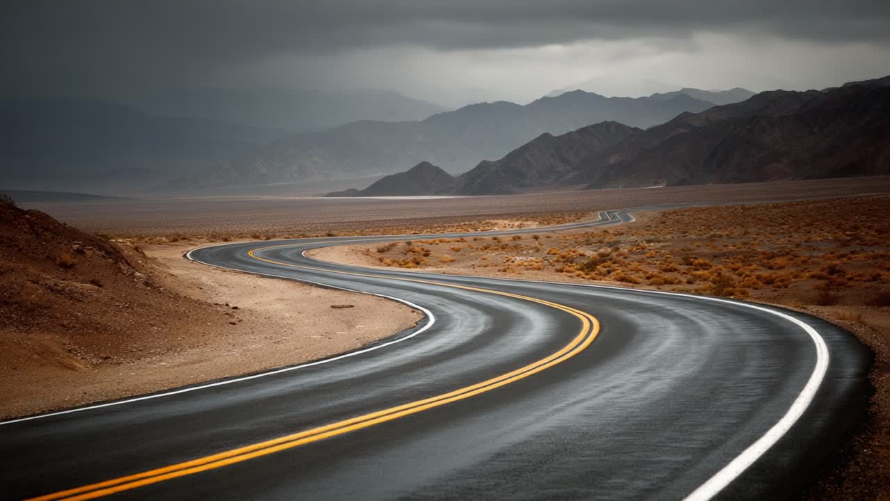 A Serpentine Journey: Captivating Views Along the Curved Desert Road Beneath a Brooding Sky, Showcasing Nature's Majestic Landscape and Endless Horizons